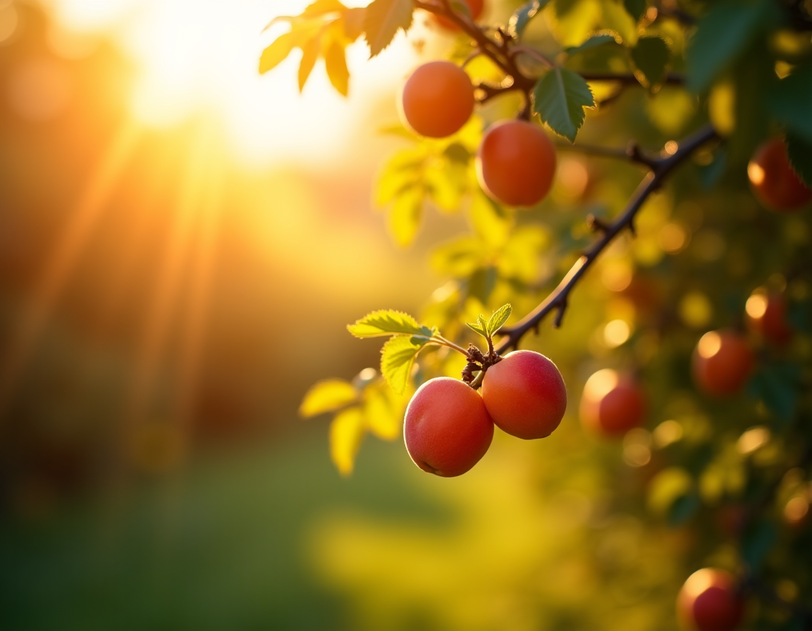 A lush apricot orchard bathed in golden sunlight, with ripe fruits hanging from branches, signifying the source of our infused spirits.