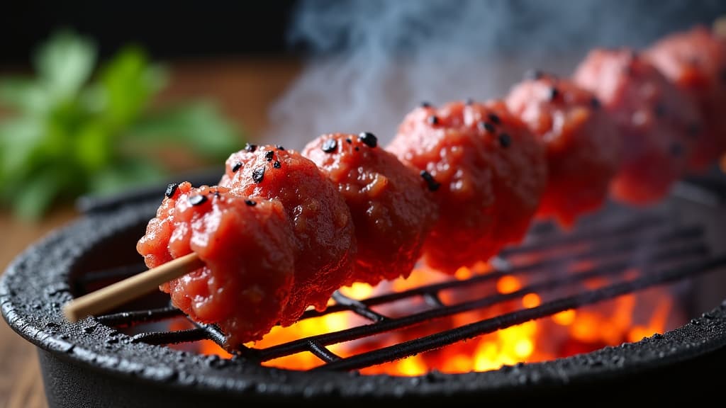 Close-up of marinated skewers on a Mangal grill over hot coals, surrounded by smoky haze.