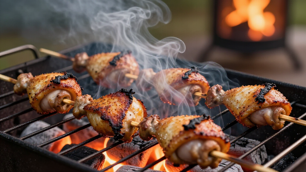 Juicy charcoal-grilled BBQ chicken thighs with traditional Armenian seasoning, served at Yerevan Sac in Carmichael, Sacramento. Close-up of golden-brown chicken thighs on grill with flames.