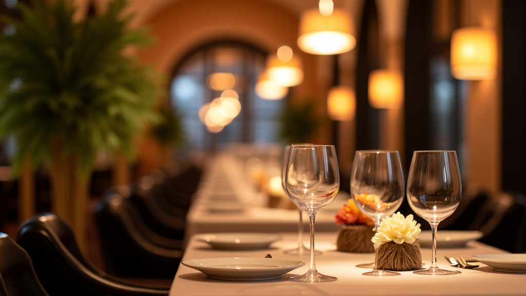 Elegant dining room at Yerevan Sac with tables set and soft lighting