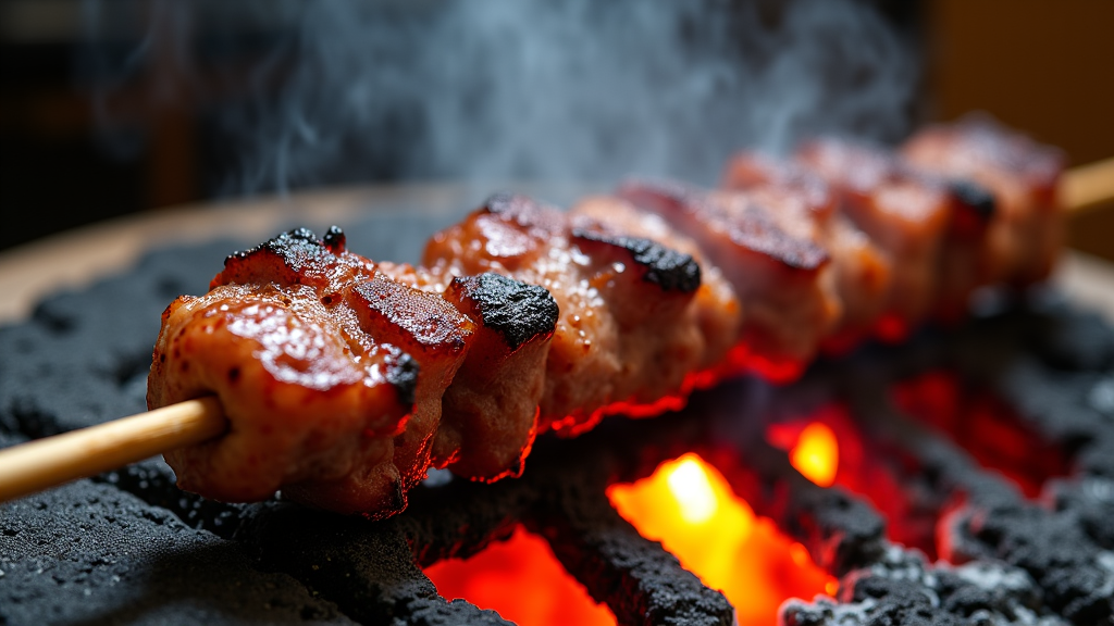 Close-up of meat searing on an authentic charcoal mangal grill at Yerevan Sac, Carmichael