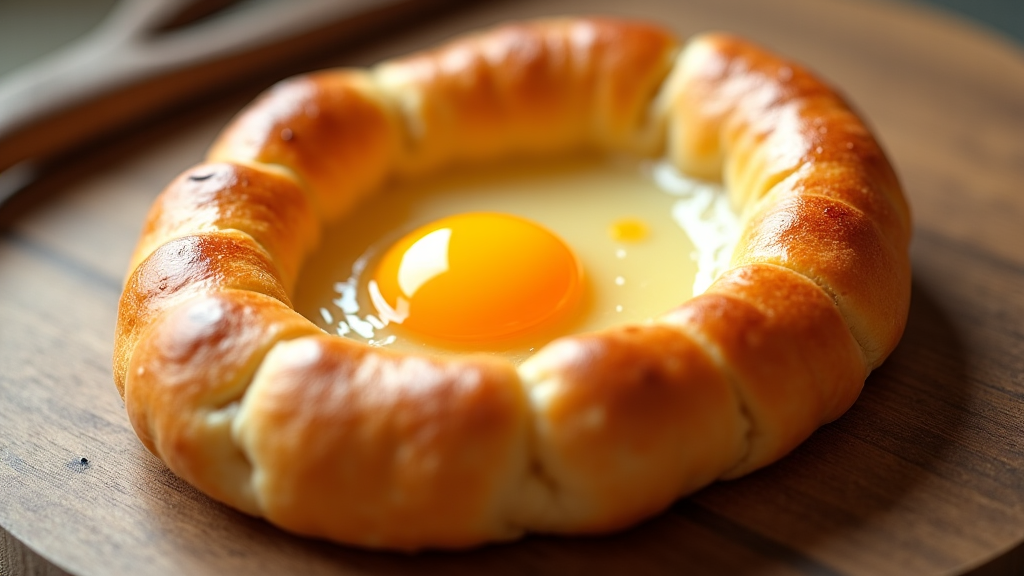 chef preparing adjaruli khachapuri with open boat of cheese and egg