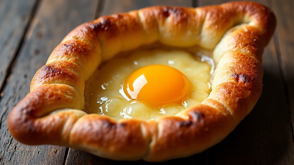 Steaming Adjaruli Khachapuri. Traditional Georgian boat-shaped cheese bread topped with butter and a fresh egg yolk, served hot from the oven