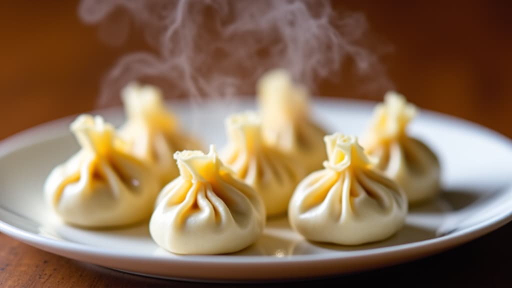 Authentic Georgian Khinkali dumplings perfectly pleated, ready to eat in Sacramento. Handmade khinkali arranged on a rustic wooden table with fresh herbs, showcasing the culinary excellence of Yerevan Bar and Restaurant for an immersive Georgian dining experience.