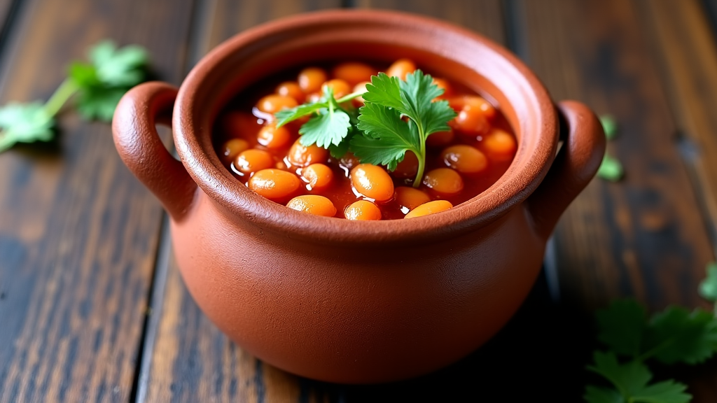 Authentic Georgian Lobio, slow-cooked clay pot beans, vegan dish in Sacramento