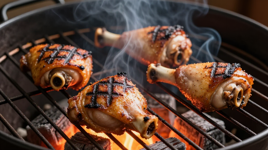 Juicy bone-in BBQ chicken thighs fresh off the mangal charcoal grill, golden-brown and smoky at Yerevan Sac in Carmichael, Sacramento