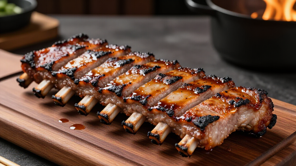 Smoky charcoal-grilled BBQ pork ribs, fall-off-the-bone tender, with house rub and glaze, at Yerevan Sac in Carmichael, Sacramento.
