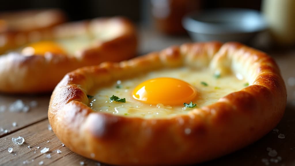 Close-up of a Fire-Grilled Khachapuri, fresh from the oven with bubbling cheese