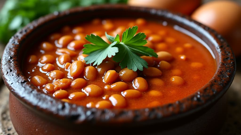 A steaming clay pot of Lobio, Georgian stewed beans, with fresh herbs and Georgian bread, set on a rustic table in a restaurant setting.