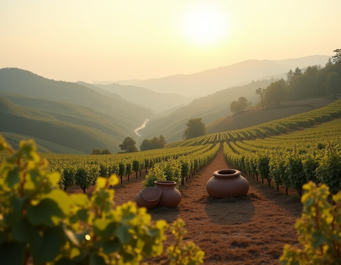 rolling georgian vineyards with kvevri amphorae