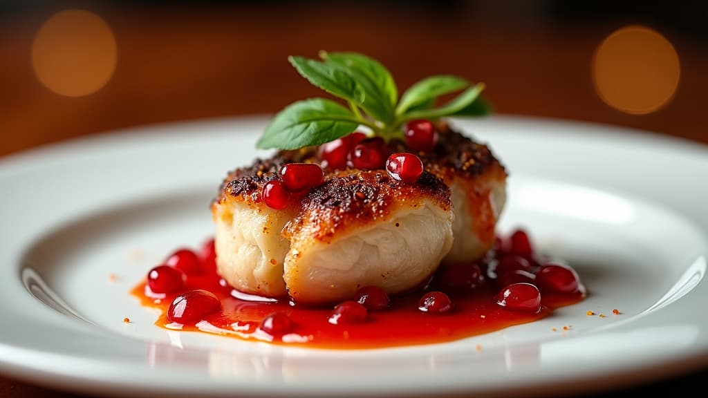 grilled quail with pomegranate sauce on a platte with french fries and tomatoes