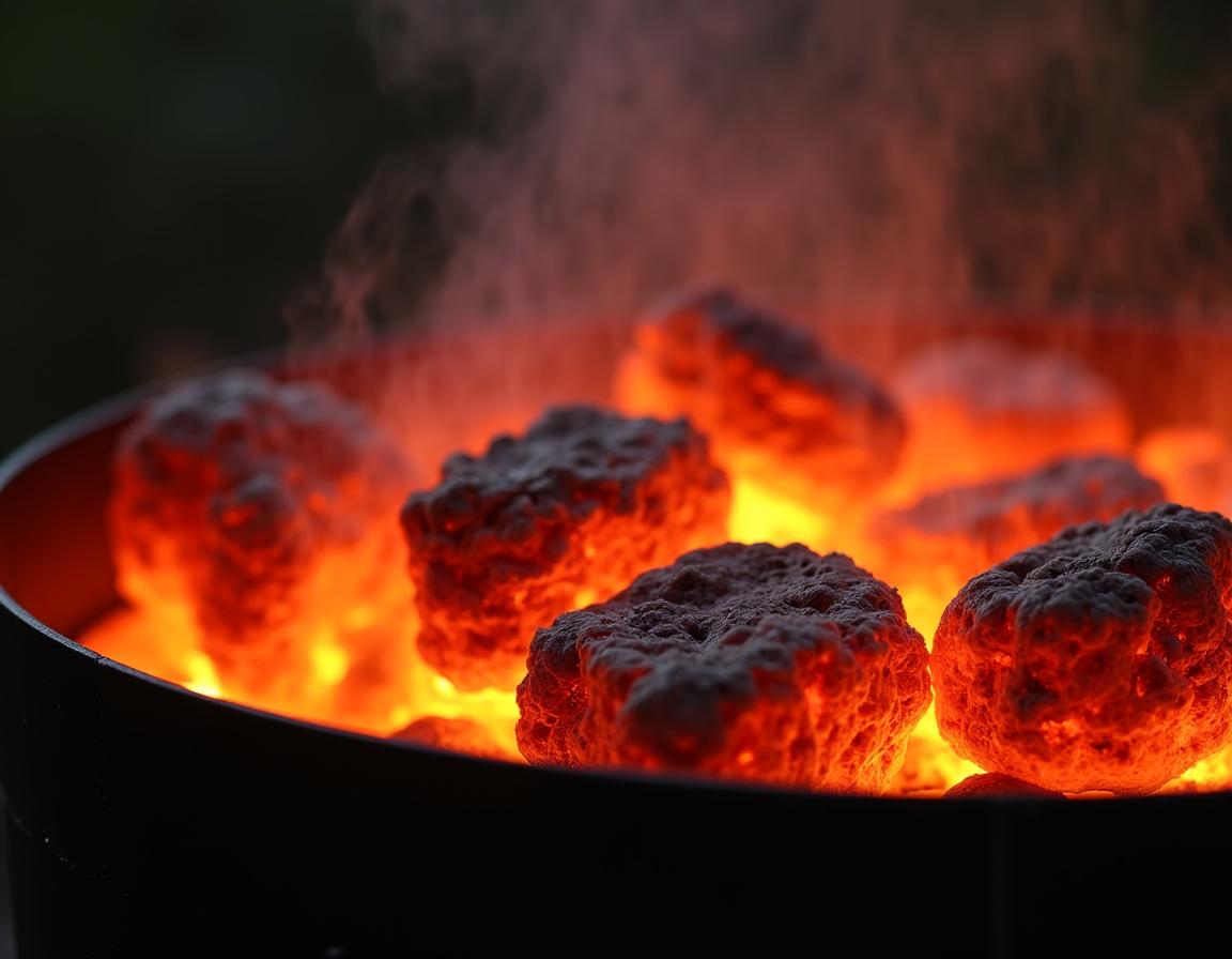 A chef tending to skewers on a mangal grill, fire and smoke rising, creating a warm and rustic ambiance.