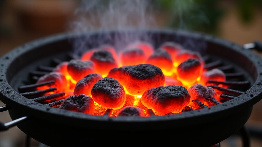 Close-up of kebabs cooking on a mangal grill over live charcoal at Yerevan Bar and Restaurant.