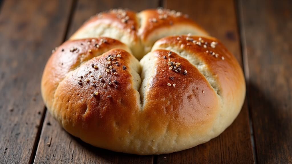 freshly baked Svanetian Georgian meat bread kubdari on a rustic table in Sacramento
