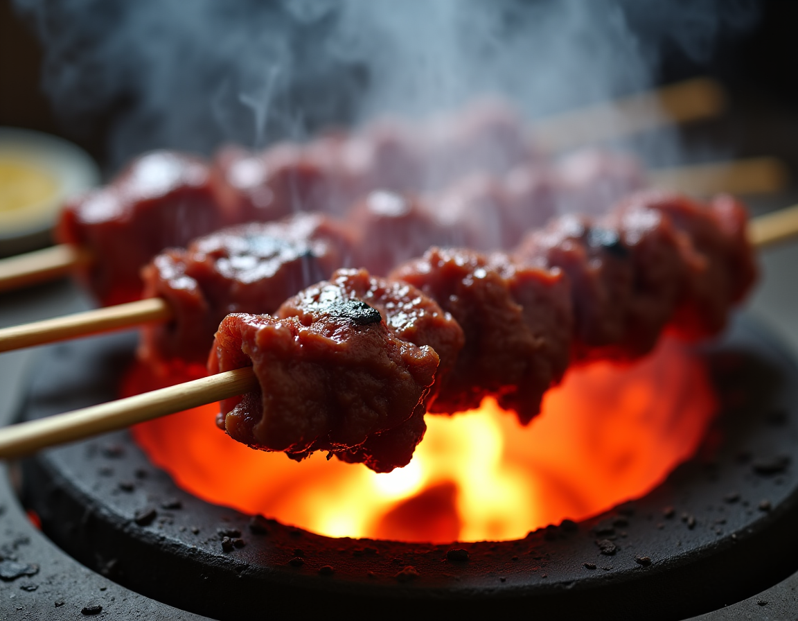 Mangal grill with kebabs cooking over hot coals