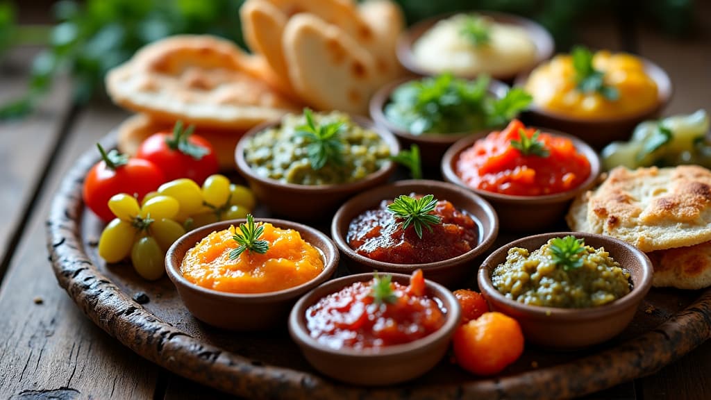 Mediterranean takeout Carmichael: Traditional Mezza Platter with hummus, falafel, and fresh vegetables, showcasing authentic flavors for dining