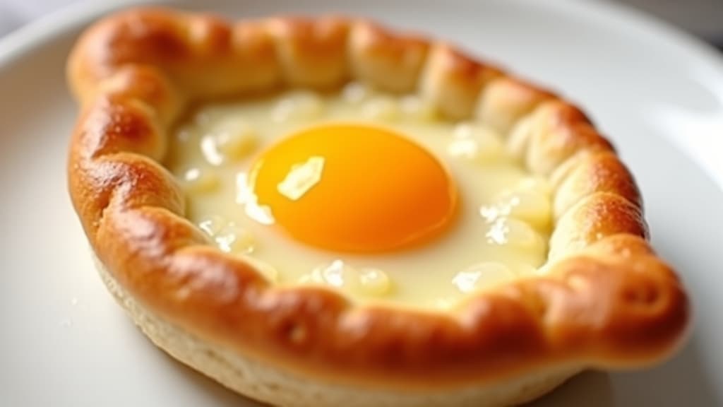 Traditional Adjaruli Khachapuri, representing Georgian cuisine, with egg and cheese