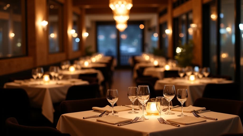 Elegant restaurant interior with dim lighting, perfectly set tables, and romantic ambiance for a date night in Sacramento