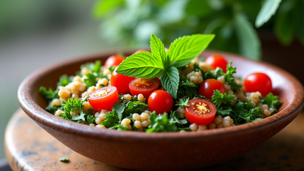 Freshly prepared tabbouleh salad with vibrant parsley and tomatoes.