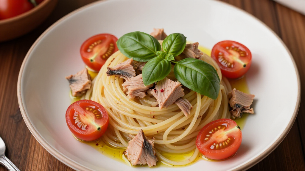 Mediterranean Tuna Pasta plate at Yerevan Sac in Carmichael, Sacramento. Fresh pasta tossed with tuna, garlic, tomato and herbs, a signature dish.