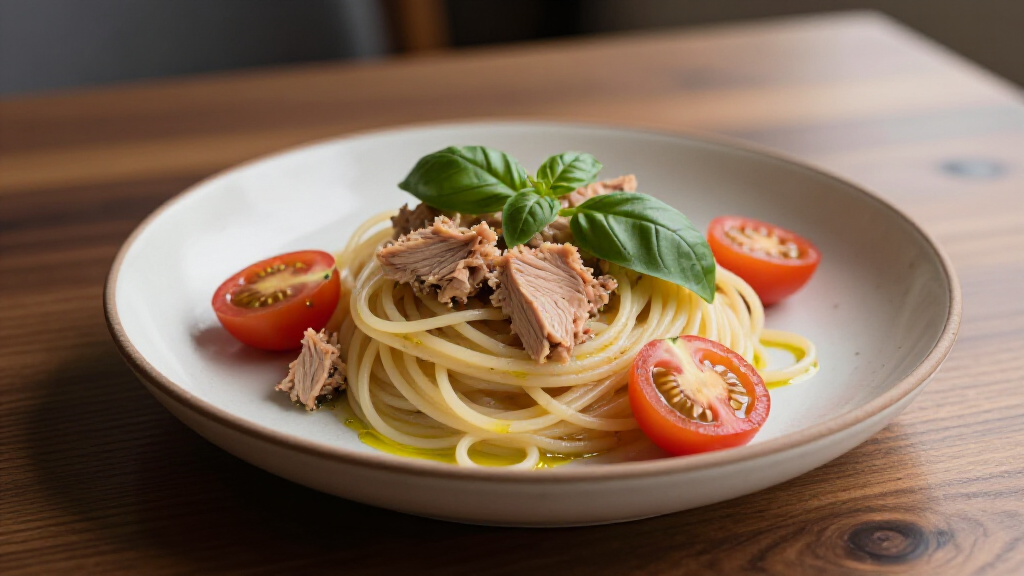 Mediterranean Tuna Pasta with Garlic, Tomato and Fresh Herbs at Yerevan Sac in Carmichael. A vibrant seafood pasta dish.