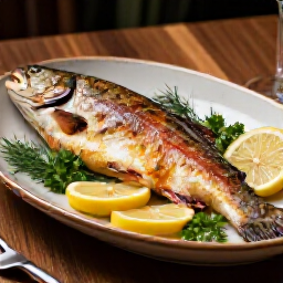Fresh herbs and lemon garnish on baked trout at Yerevan Sac. Close-up of aromatic dill, parsley, and bright lemon slices artfully arranged over the baked trout, enhancing both flavor and visual appeal.