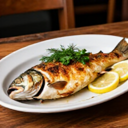 Golden whole baked trout at Yerevan Sac in Carmichael. Whole trout oven-baked to a rich golden brown, served on an elegant platter with fresh herbs and lemon slices, showcasing the signature Caucasian-style preparation.