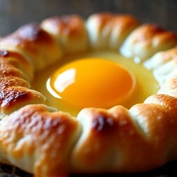 Adjaruli Khachapuri with bubbling cheese and golden crust, topped with a vibrant egg yolk. This Georgian cheese boat is a handmade specialty at Yerevan Sac, located at Fair Oaks and Marconi in Carmichael, CA.