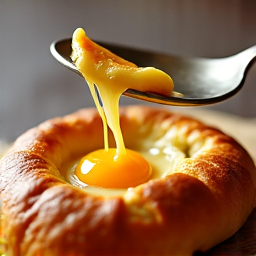 Close-up of Adjaruli Khachapuri with a perfect, stretchy cheese pull. Hand-kneaded dough, rich melted cheese, and a cracked egg yolk, showcasing the fresh ingredients and traditional preparation of this Georgian specialty, served at Yerevan Sac in Sacramento.