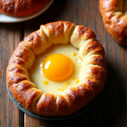 Adjaruli Khachapuri cheese pull with golden crust in Sacramento: perfect blend of imported Sulguni cheese and rich butter, showing the stretchy, melted texture. Rustic wooden table, warm, inviting light highlighting its flaky exterior.