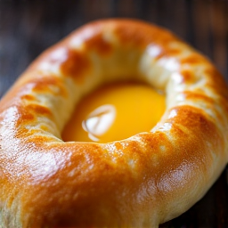 Adjaruli Khachapuri garnished with fresh herbs, showcasing a rich, golden center of melted cheese and a perfectly baked egg, surrounded by a crispy, light crust. Presented on a dark background, highlighting its vibrant colors.