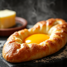 Adjaruli Khachapuri, Georgian cheese boat with a runny egg and melting cheese, perfect for an Instagram photo.