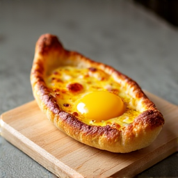 Authentic Adjaruli Khachapuri, a Georgian cheese bread shaped like a boat with a rich egg yolk and butter, served at our restaurant conveniently located near the American River Parkway.