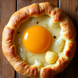 Adjaruli Khachapuri Georgian cheese bread egg butter Instagram. Visually stunning Adjaruli Khachapuri, fresh from the oven with a molten egg yolk and butter, perfect for social media.