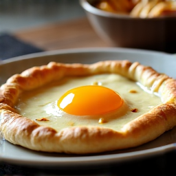 Adjaruli Khachapuri, traditional Georgian cheese bread from the oven. Freshly baked, molten cheese, warm bread.