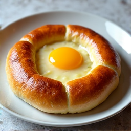 Adjaruli Khachapuri, the Georgian cheese bread shaped like a boat with an egg and butter in the center, perfectly paired with a glass of Armenian Tan. The rich cheese and bread are balanced by the refreshing yogurt drink.
