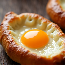 Close-up of a freshly baked Adjaruli Khachapuri, highlighting its golden-brown crust and perfectly set, vibrant egg yolk. A signature handmade dough specialty from Yerevan Sac in Carmichael.