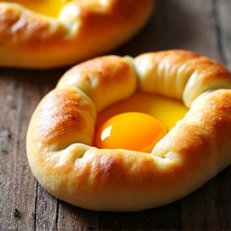 A beautifully presented Adjaruli Khachapuri on a wooden board, with butter and a raw egg yolk ready to be mixed into the bubbling cheese. A delight from Yerevan Sac, your Carmichael destination for Georgian cuisine.