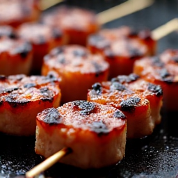 A close-up of Armenian Khorovats, focusing on the succulent pork shashlik skewers being cooked over charcoal. The image emphasizes the traditional method and the rich, smoky flavors achieved, ready to be enjoyed at Yerevan Sac in Carmichael.