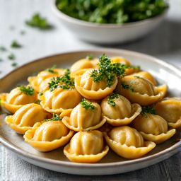 Armenian Manti dumplings with garlic yogurt sauce Mediterranean cuisine. Perfectly arranged Armenian Manti, generously drizzled with garlic-yogurt sauce and vibrant herbs.