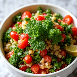 Armenian Tabbouleh Salad with Traditional Plating and Crisp Vegetables. A perfectly presented serving of tabbouleh, arranged with care to highlight the vibrant ingredients and traditional Armenian plating style, showing crisp vegetables and fresh herbs.