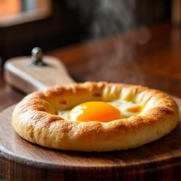 Vibrant Adjaruli Khachapuri handmade daily at Yerevan Sac. Fresh Georgian cheese bread with a rich, molten egg yolk center, served hot and ready to be mixed, showcasing the traditional preparation and quality ingredients.