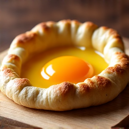 Authentic Adjaruli Khachapuri, Georgian cheese boat, with a golden crust and runny egg yolk, presented on a wooden board