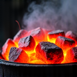 Authentic Armenian BBQ flaming charcoals kebabs. Close-up of flaming charcoals igniting the authentic flavors of Armenian BBQ, with various kebabs cooking to perfection.
