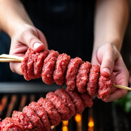 Authentic Armenian BBQ in an open-grill kitchen setting, showcasing the live mangal and fresh meat preparation at Yerevan Sac in Carmichael.