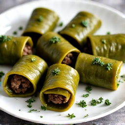 Authentic Armenian Beef Dolma, hand-rolled daily with fresh herbs and spices, plated as an appetizer at Yerevan Sac. Detailed view showcases the tender grape leaves and savory filling, representing homemade Caucasian cuisine.