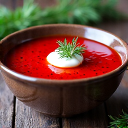 Authentic Borscht Beet Soup with Creamy Swirl. A close-up shot of a rich, vibrant borscht, garnished with a generous dollop of sour cream and fresh dill, showcasing its deep ruby-red color and inviting texture.