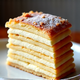 Authentic Eastern European Napoleon Pastry Sacramento. A close-up shot of a perfectly layered Napoleon pastry with flaky golden crust and rich cream filling, elegantly dusted with powdered sugar, showcasing the exquisite details and texture of this traditional dessert.