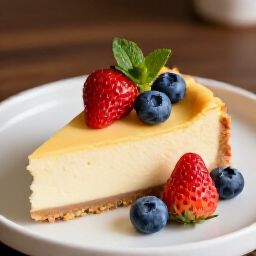 Baked cheesecake Sacramento with fresh fruit topping at Yerevan Sac. A delectable dessert featuring creamy baked cheesecake topped with ripe strawberries, blueberries, and a mint garnish, served on a white plate in a cozy Carmichael-area restaurant.