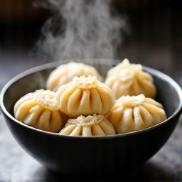 Beef and pork Khinkali Georgian soup dumplings steam. Close-up of traditional beef and pork Khinkali, steam rising, highlighting the juicy filling and delicate dough.